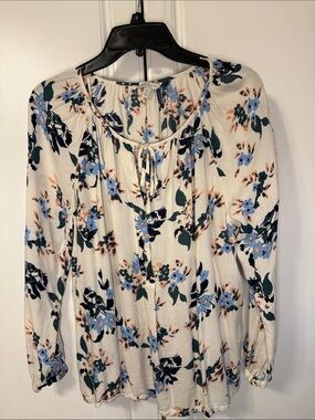 Lucky Brand Cream Floral Peasant Blouse with Blue & Green Blooms